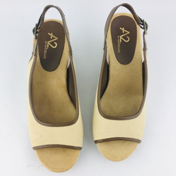 A2 AEROSOLES Zentury Women Beige Brown Woven Wedge Heel Peep Toe Shoe Size 6 M - Picture 9 of 12
